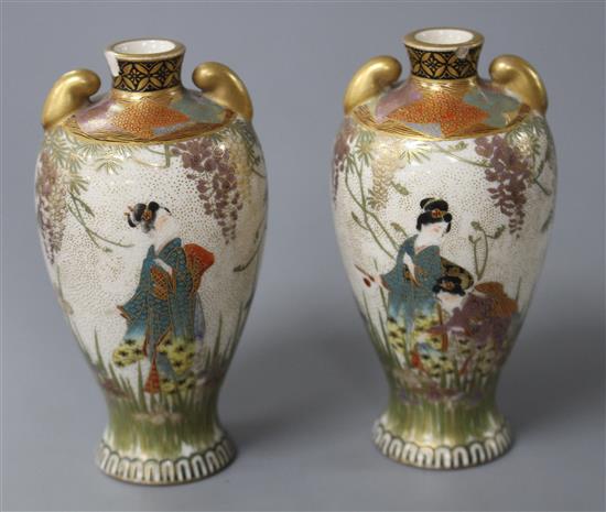A pair of small Satsuma vases, decorated with geisha in gardens, height 8.75cm